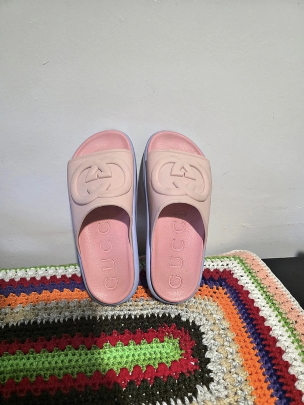 Gucci Miami GG-Embossed Rubber Platform Slides Pink